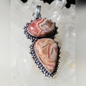 NWOT Natural Rhodochrosite Stacked Pendant .925 Sterling Silver Overlay